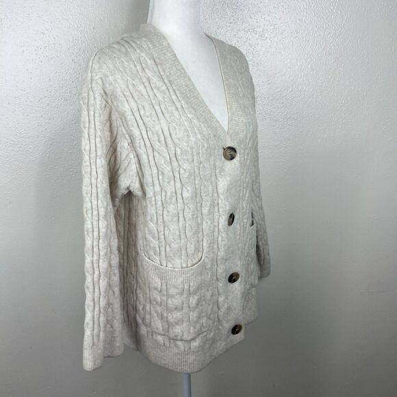 H&M Sweater Women Small Tan Knit Cardigan Button Up Wool Blend Grampa Pockets - Picture 3 of 14